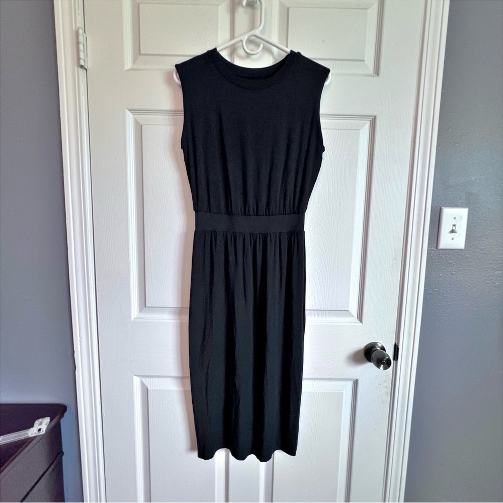 Athleta Santorini Cinch Blouson Round Neck Dress Black Midi Women’s Size XS - Picture 3 of 8